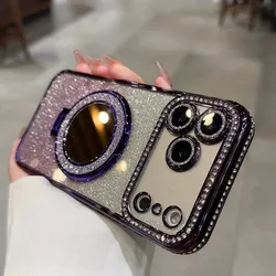 Luxury Diamond Clear Glitter MagSafe Case with Mirror Magnetic Phone Holder and Stand for iPhone 13 Pro Max (PURPLE)