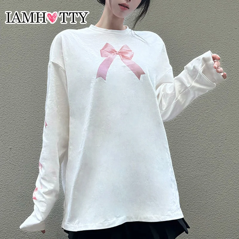 

IAMHOTTY Sweet Contrast Color Bow Print Loose Top White Casual Basic Crew-neck Oversized T-shirts Korean Japanese Style Tees y2k