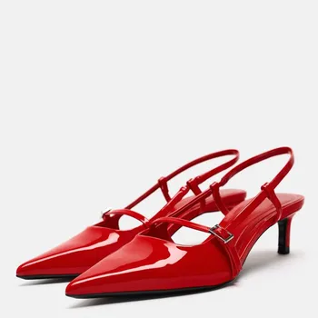 TRAF Summer Woman Red Lacquer Leather Pointed End Sexy High Heel Pumps ZAZA 2024 Fashion Slim Drawstring Slingback Women Shoes - Image 2