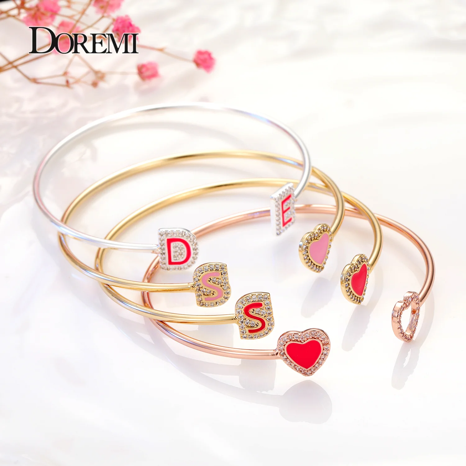 DOREMI Enamel Custom Letter Bracelet Bangle Zirconia Pave Setting Initial Bangle for women Girl Kids Personalied Jewelry Gift