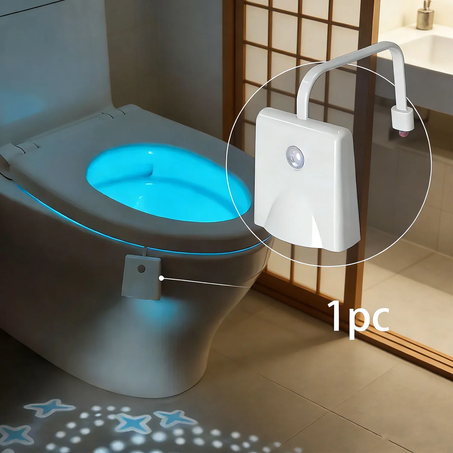 1개 LED 화장실 조명, 자동 감지 기능. 밝기 조절 가능, 현대적인 욕실 환경..