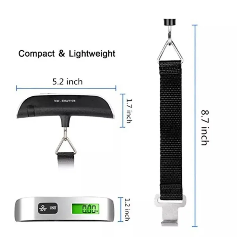 Digital Luggage Scale 110lbs/50kg - Portable Handheld Suitcase Weigher with LCD Display & Overload Alarm for Travel Accessories