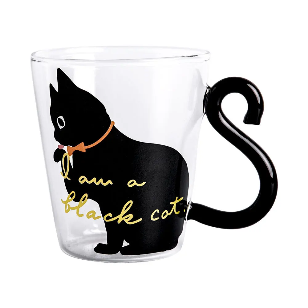 Glass Coffee Cup 300ml Cute Black Cat Glass Mug Set