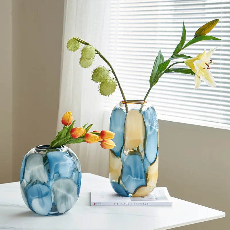 Blue Glass Vase Graded Marble Grain Flower Vase Flower Pot Floral Arrangement Terrarium Home Decoration Accessories 2