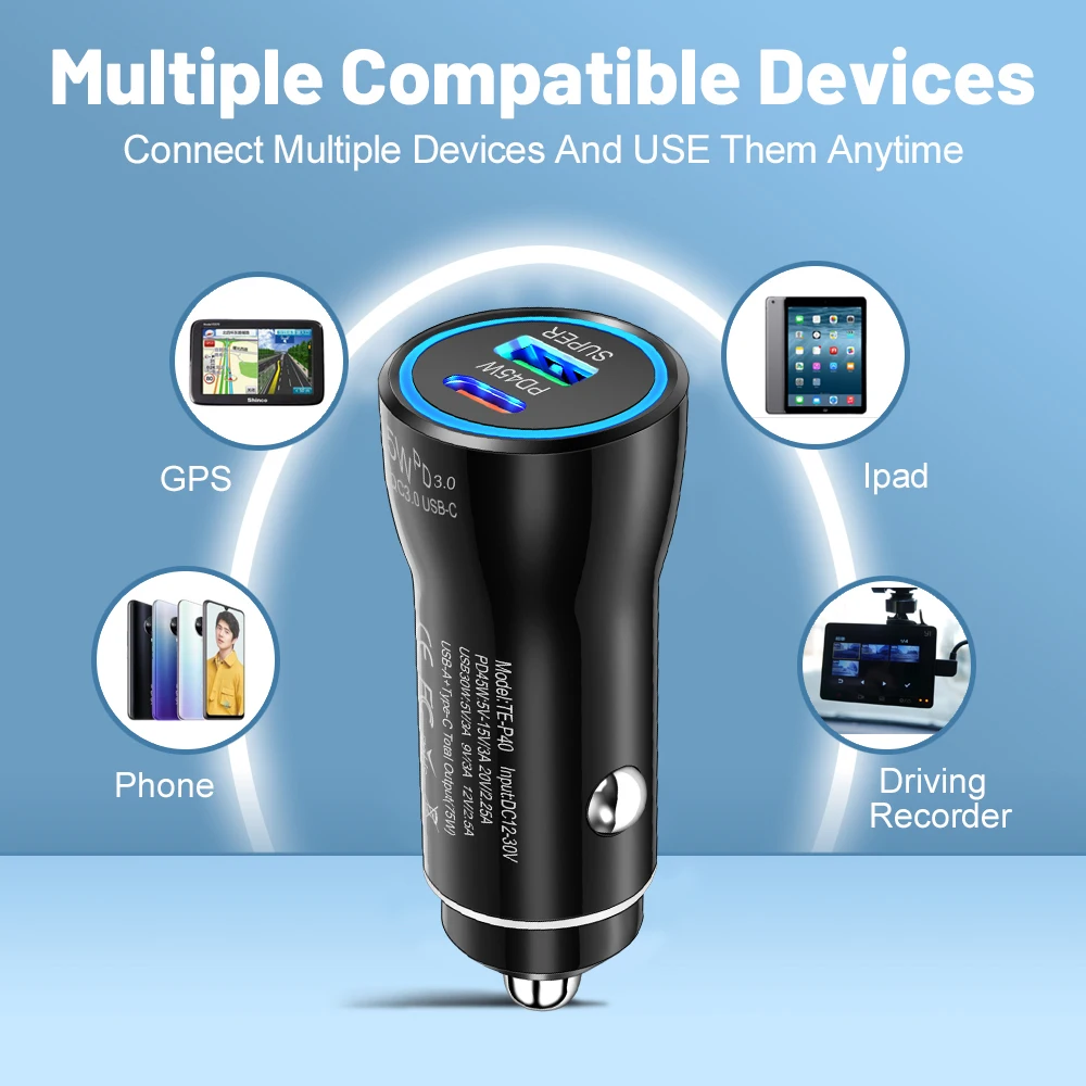 Dual Port 45W Fast Charging Car Adapter with Blue LED