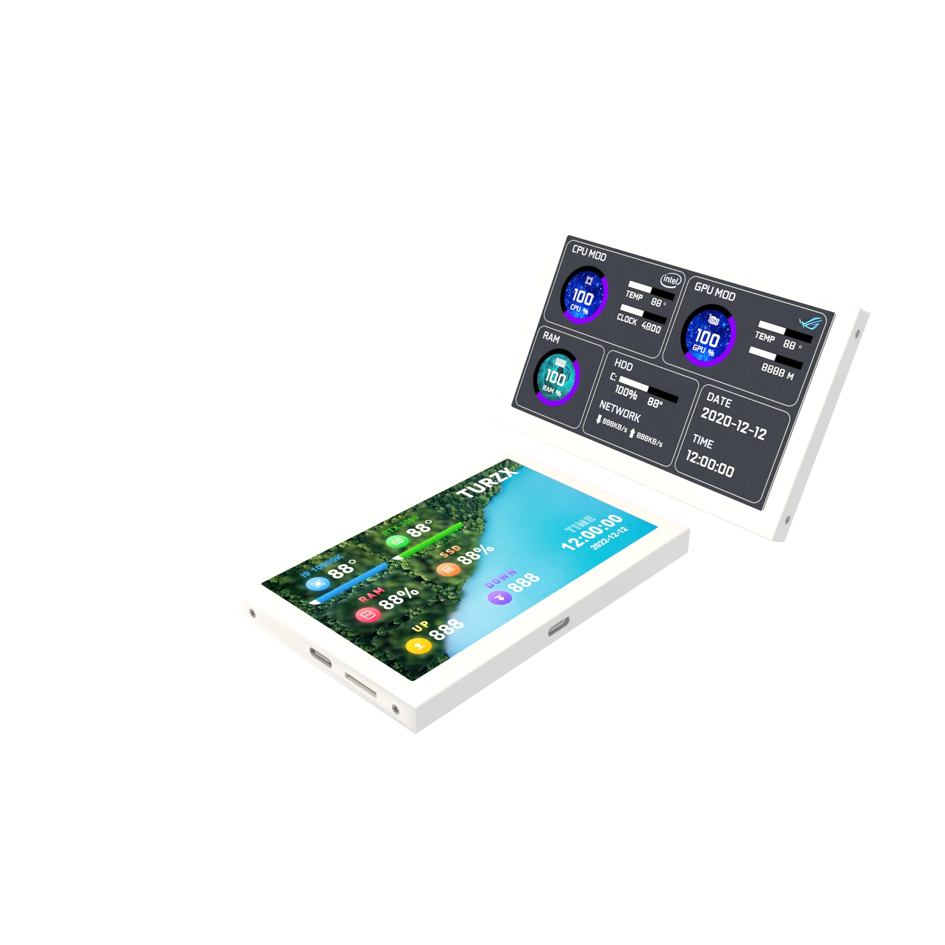 5 インチ IPS コンピューター データ モニター、ミニ USB タイプ C AIDA64 PC 温度モニター、PC CPU RAM HD ミニPC用USBモニター,5インチのストリップライト付きミニPC用の自由