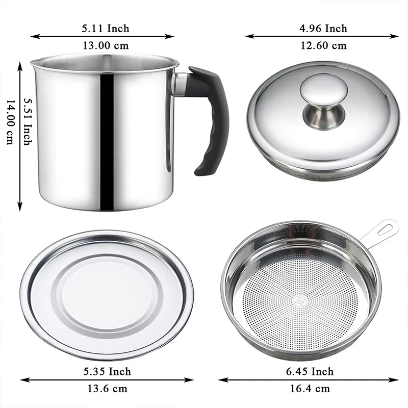 1.4 L Oil Strainer Pot Fine Mesh Fast Filtering With Lid Stainless Steel Frying Bacon Fat Oil Storage Container Kitchen Supplies 6