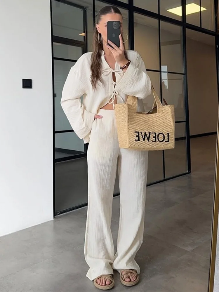 Wmstar Two Piece Set Women Wholesale Woman 2025 Summer New Solid Color Bow Long Sleeved Shirt Wide Leg Trousers Casua Clothing