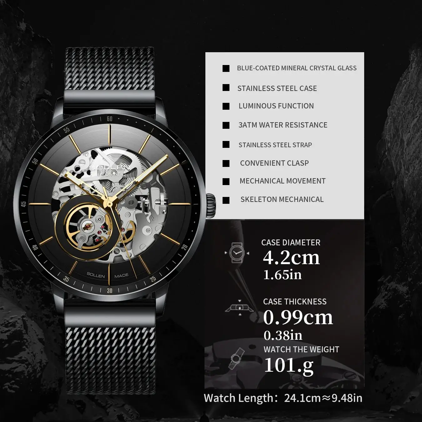Orologio Automatico Scheletro Uomo 42mm Con Cinturino In Gomma - Impermeabile 3ATM E Lancette Luminose - 5