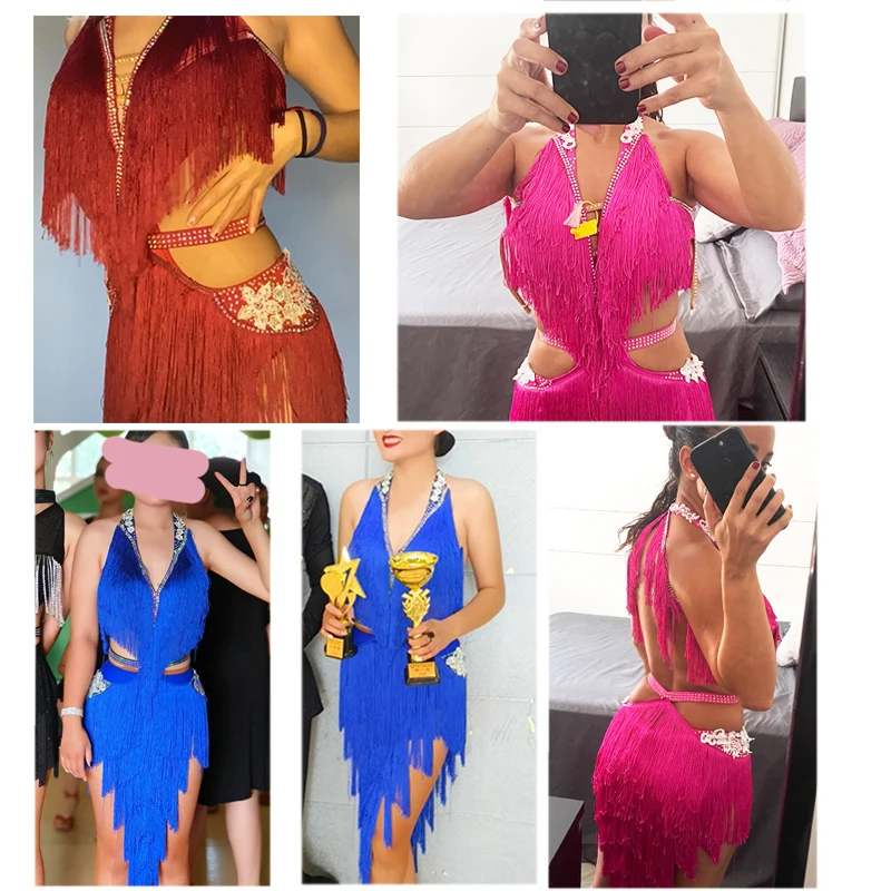 Latin Dance Dress Adult Children Rose Red Embroidered Fringe