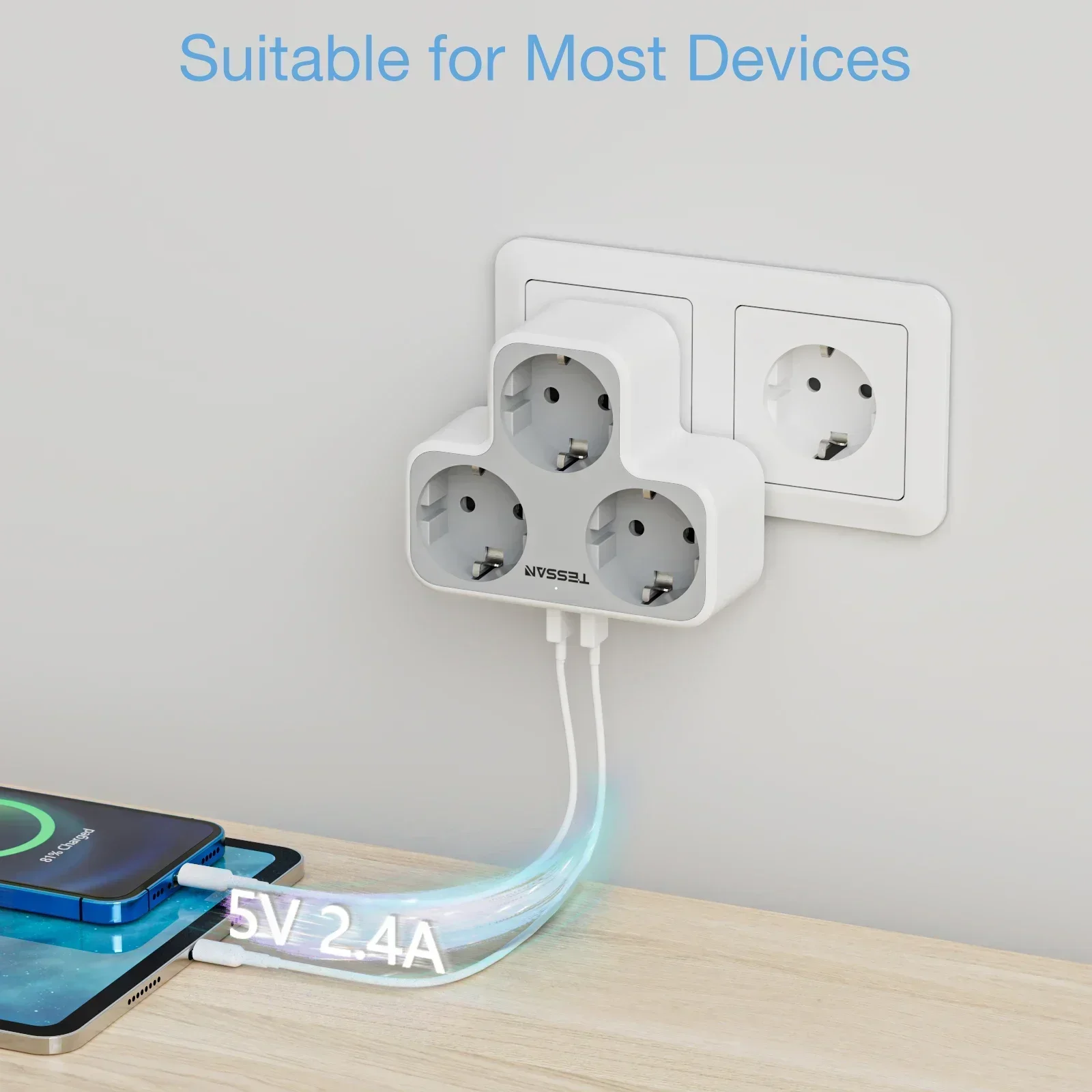 TESSAN Wall Multi-Socket Charger with 3 Shucko Sockets and 2 USB Ports EU Plug Wall Socket with Indicator Light for Home Office power strip