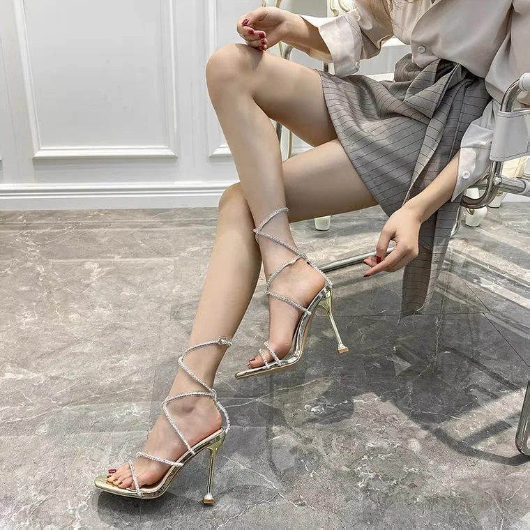 Elegant Women's Heel Sneakers Nightclub New Fish Mouth Rhinestone Sandals Thin High Heel Strap Fashion Shoes 4
