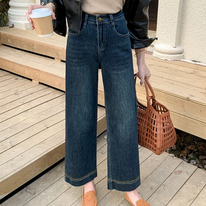 Fashion Plus Size Women's Jeans Autumn Of 2025 Slim Stretch Embroidery Hem Denim Straight Leg Ankle Length Pants 2528