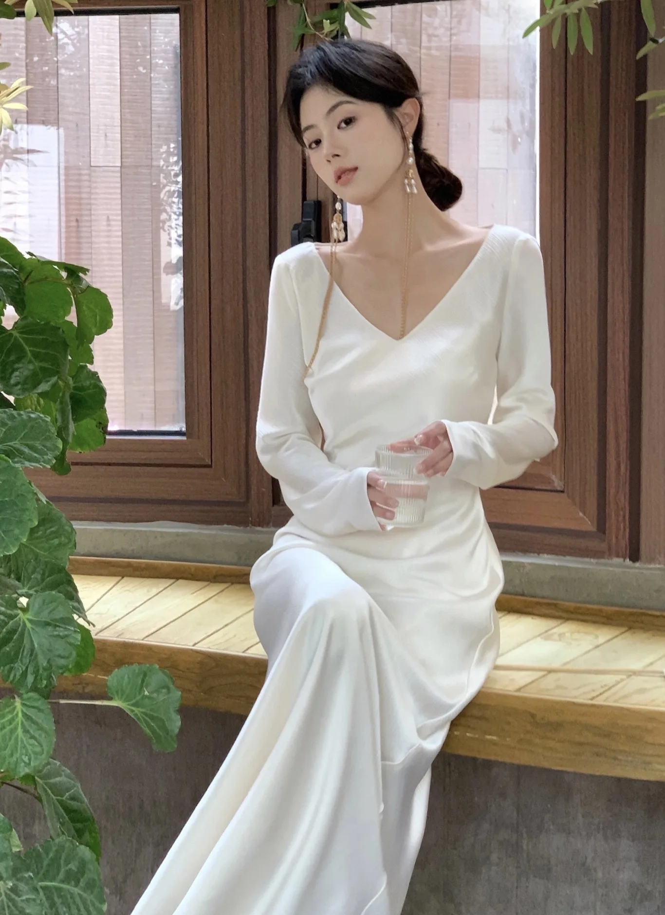 Vestidos largos de satén de otoño para mujer, vestido de fiesta de noche para boda, vestido de graduación, vestido de sirena de una pieza con cuello en V y mangas largas