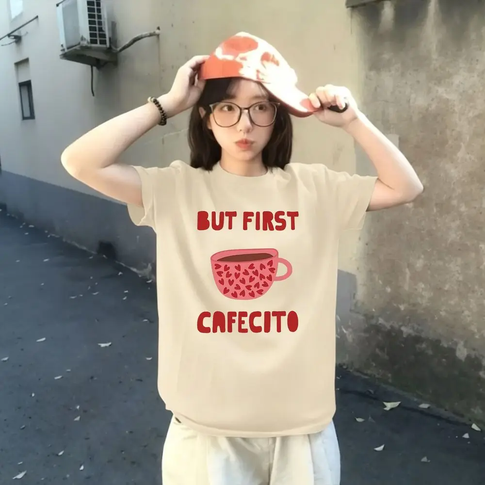 But First Cafecito Coffee Grafik-T-Shirt für Damen, Sommer, Harajuku, Kawaii, Herz-Tasse-Aufdruck, Rundhalsausschnitt, kurz, für den Alltag, Basic, niedlich, Y2k-Tops