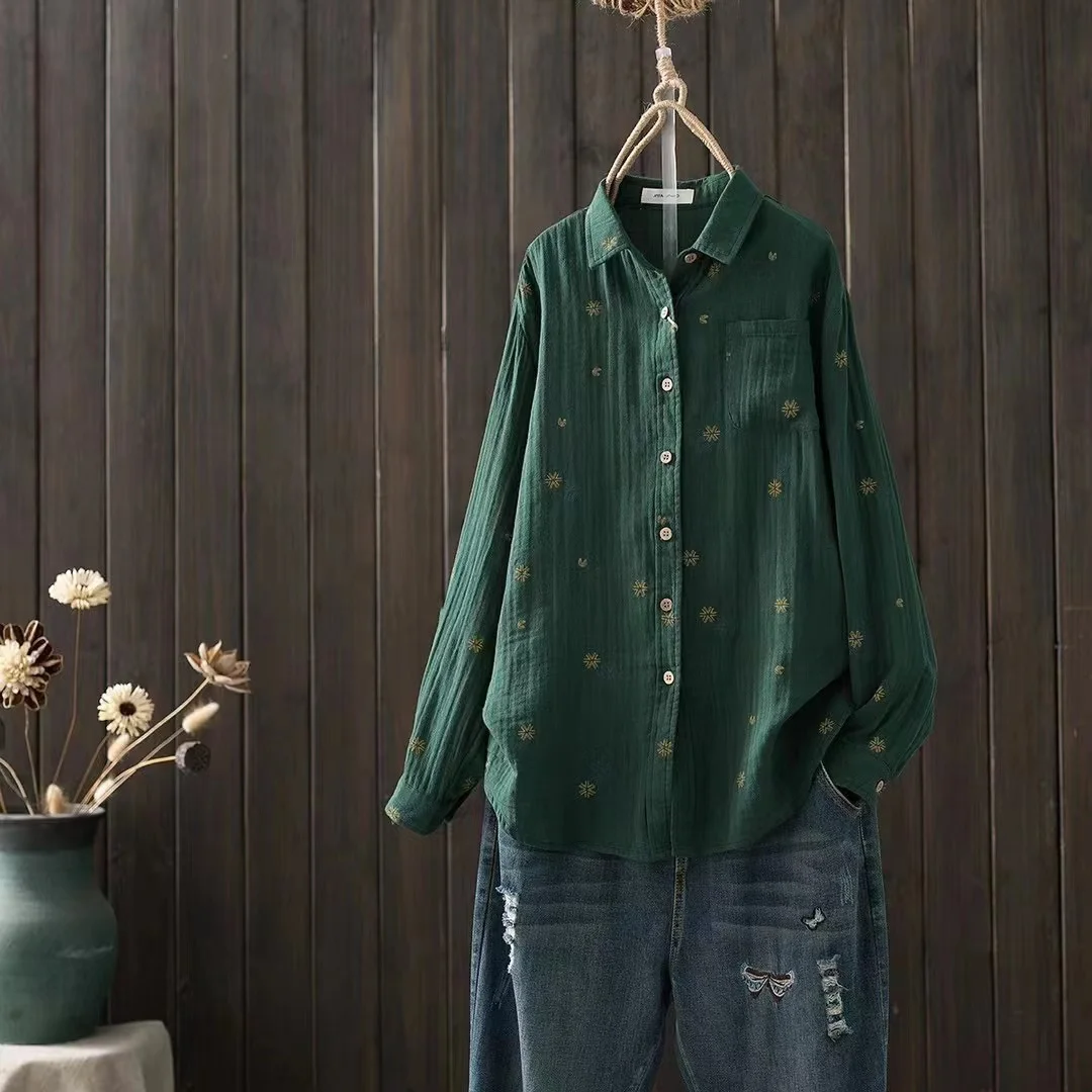 

Женские белые рубашки из 100% хлопка, блузки в японском стиле, темно-зеленые женские топы с вышивкой и длинным рукавом, повседневная женская одежда