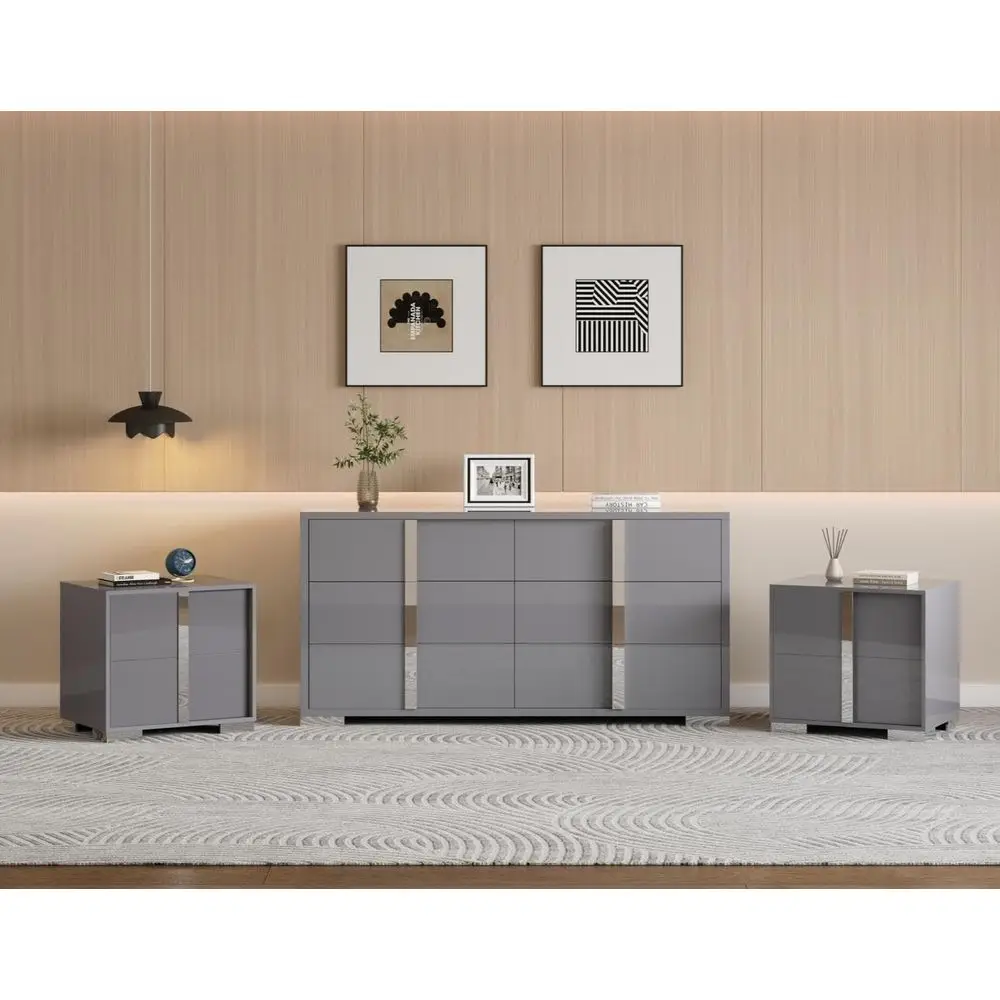 3-Piece Bedroom Set – 2 Nightstands & 6-Drawer High Gloss Dresser 1