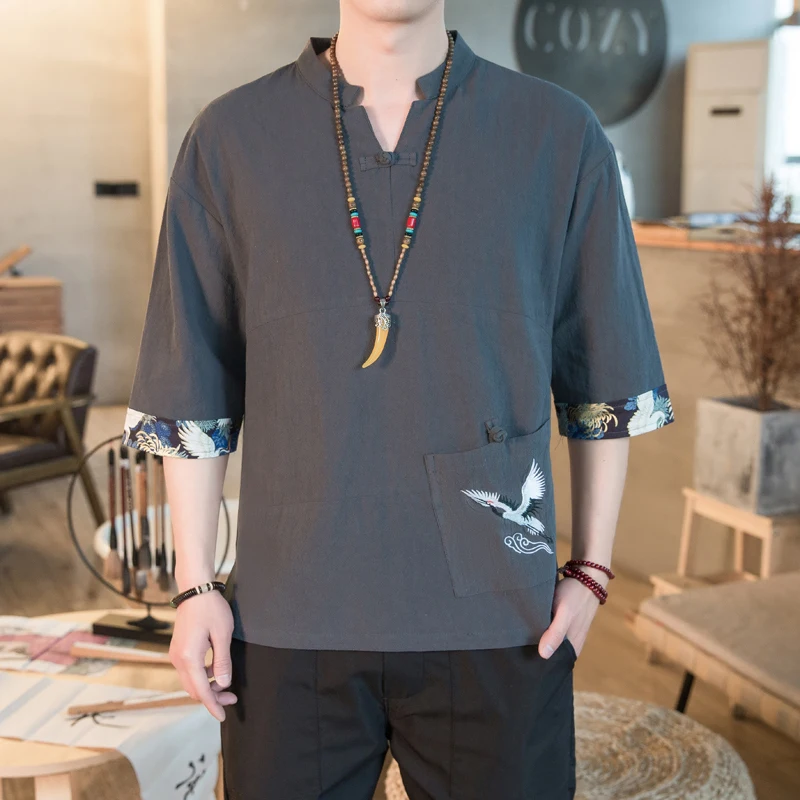 New Men's Casual Blouse Cotton Linen Shirt Loose Tops Short Sleeve Chinese Clothing Summer Casual Handsome Men's Hanfu Coat
