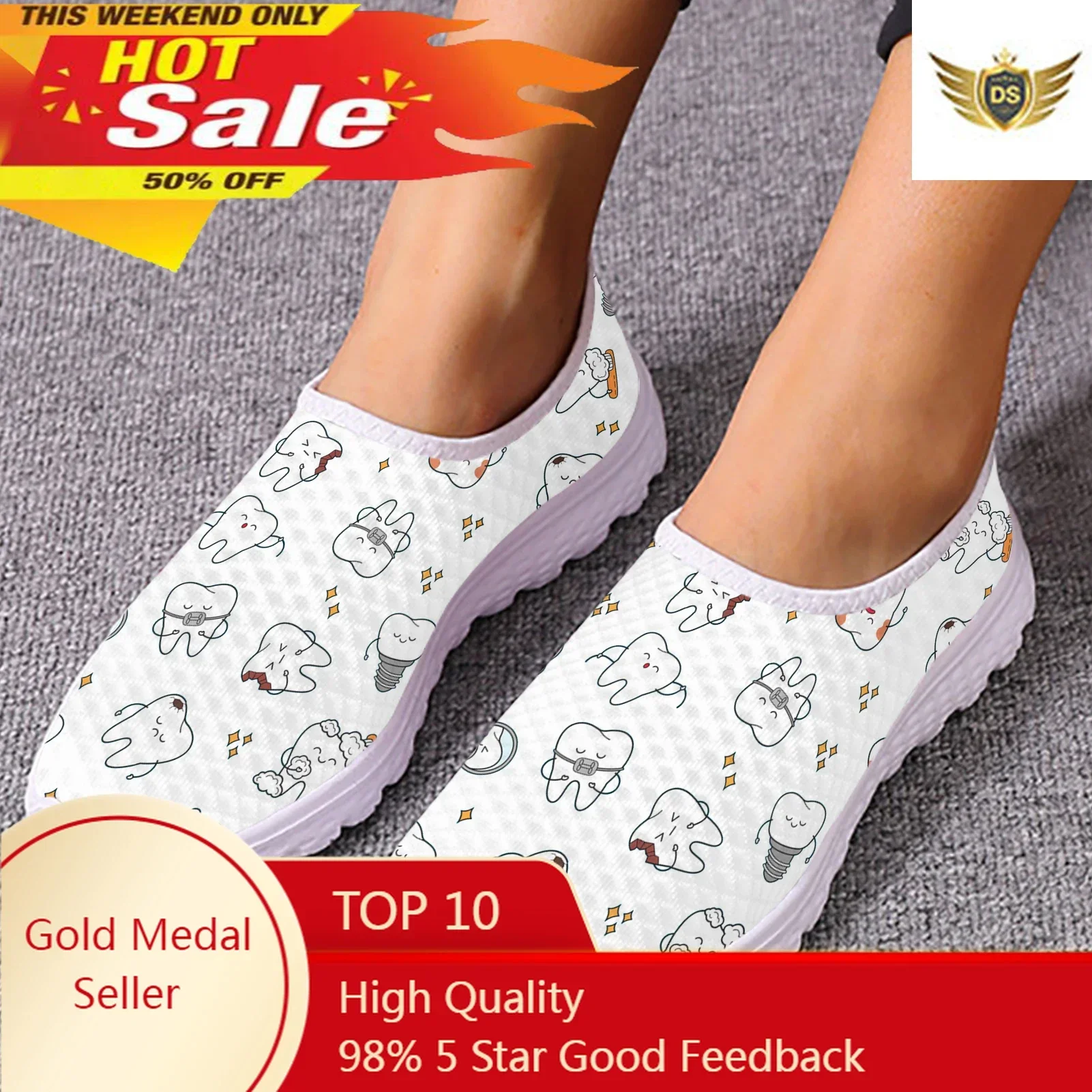Fashion Dentist Cartoon Women Flat Shoes Tooth Cartoon Breathable Mesh Sneaker Femme Slip-on Loafers Beach Footwear