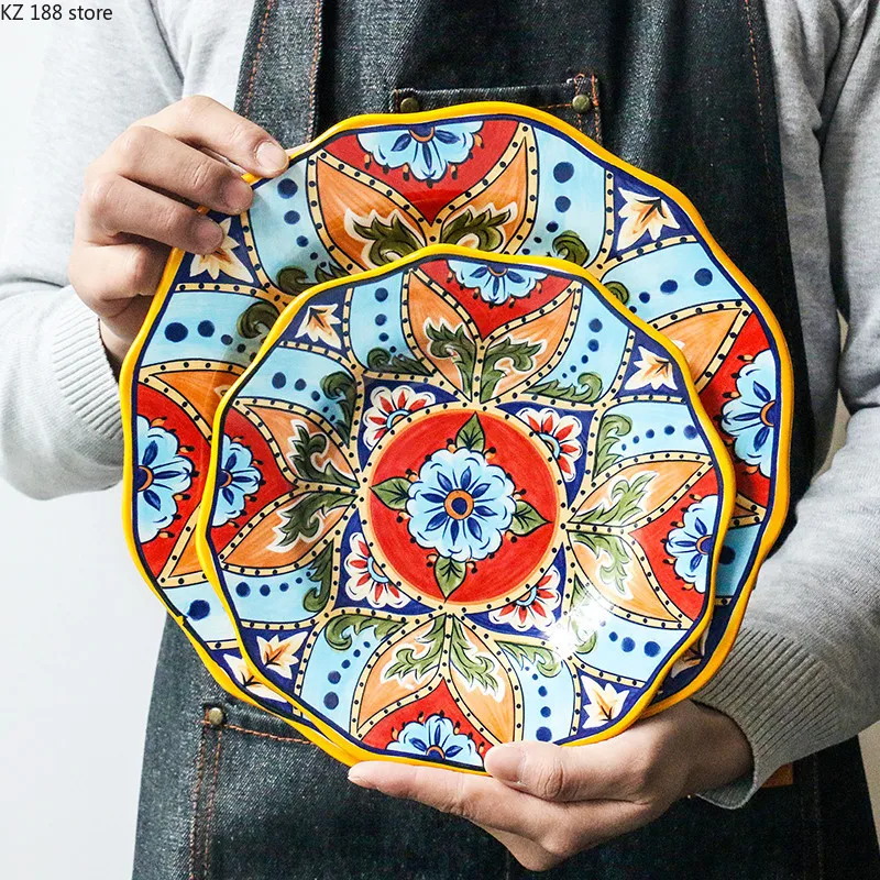 

Ethnic Style Ceramic Tableware Bohemia Home Christmas Decor European Irregular Dessert Fruit Dishes Large Salad Steak Plates 1