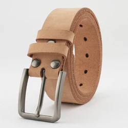 Men's Genuine Cowhide Leather Belt - Natural Color, Trimmed Edge, Casual Retro Style - 105cm (With a belt buckle)
