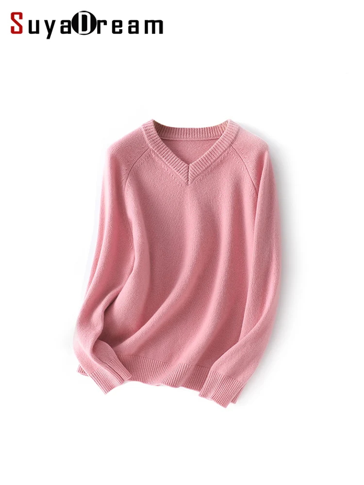 

SuyaDream, 100%Merino Wool, V Neck Pullovers, Raglan Sleeves Solid Sweaters, 2023 Fall Winter Soft Warm Top, Pink, Grey