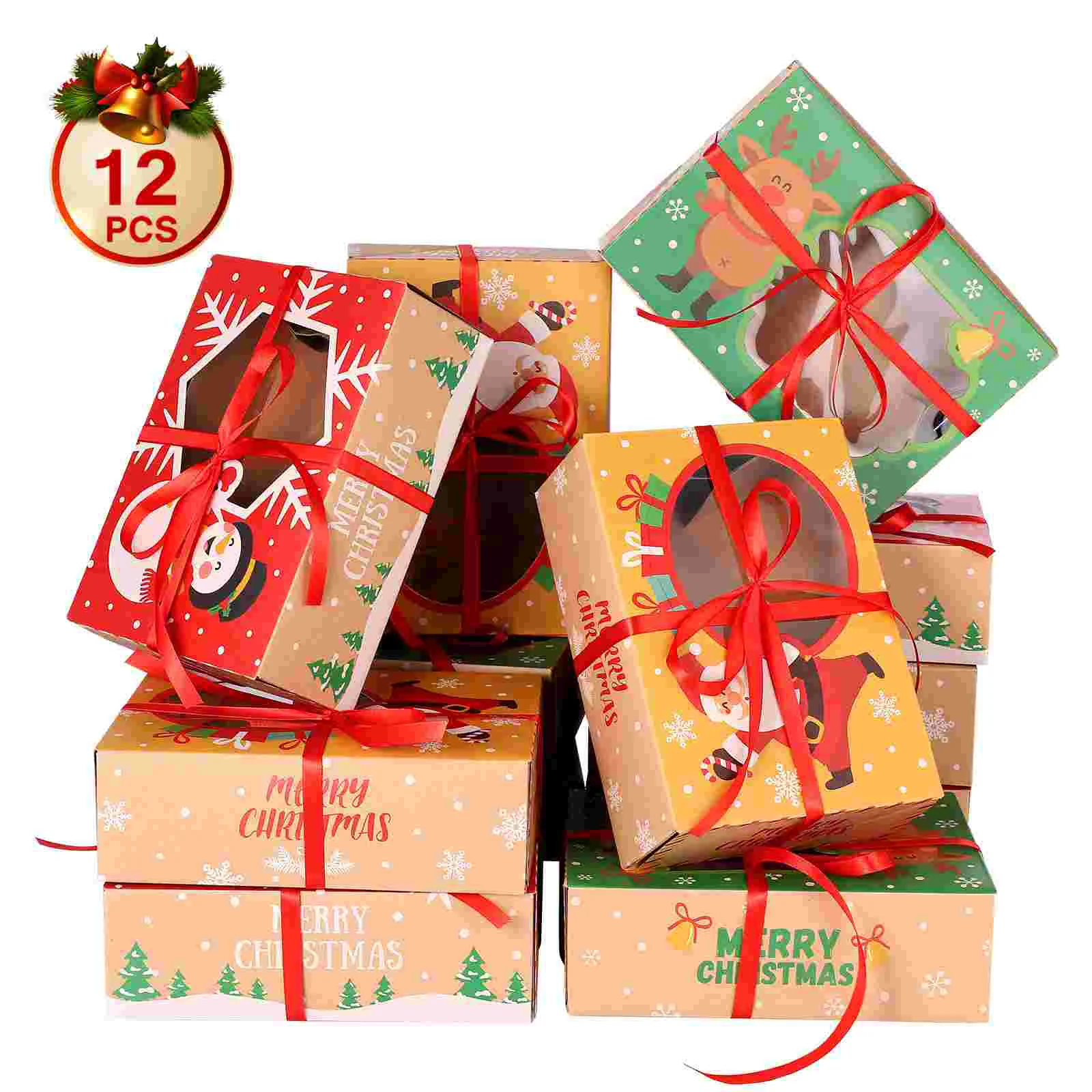 

12pcs Christmas Cookie Boxes Kraft Paper Christmas Candy Treat Boxes Party Favor Boxes Xmas Holiday Party Supplies with Ribbons