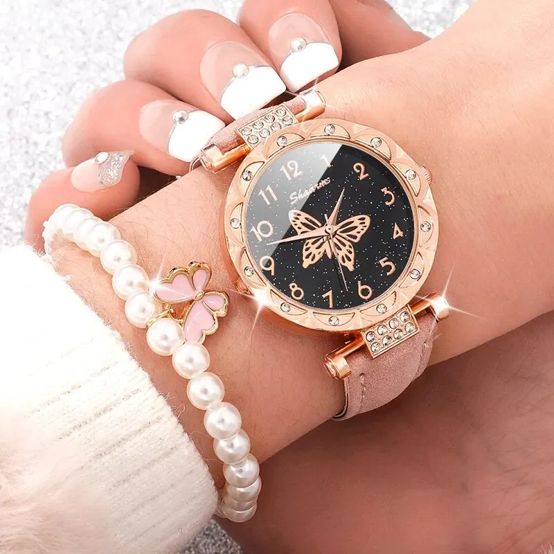 Pink Pearl Butterfly Watches for Women Fashion Rhinestone Casual Bracelet Watch Simple Female Clock Ladies Quartz Wristwatches women watches electronic watch