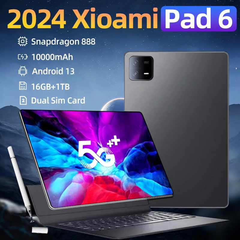 2024 글로벌 버전 샤오 태블릿 PC, 안드로이드 13, 패드 6 프로, 스냅드래곤 888, 16GB + 1TB, 5G 듀얼 SIM 카드, 10000mAh HD, 4K, 미 탭