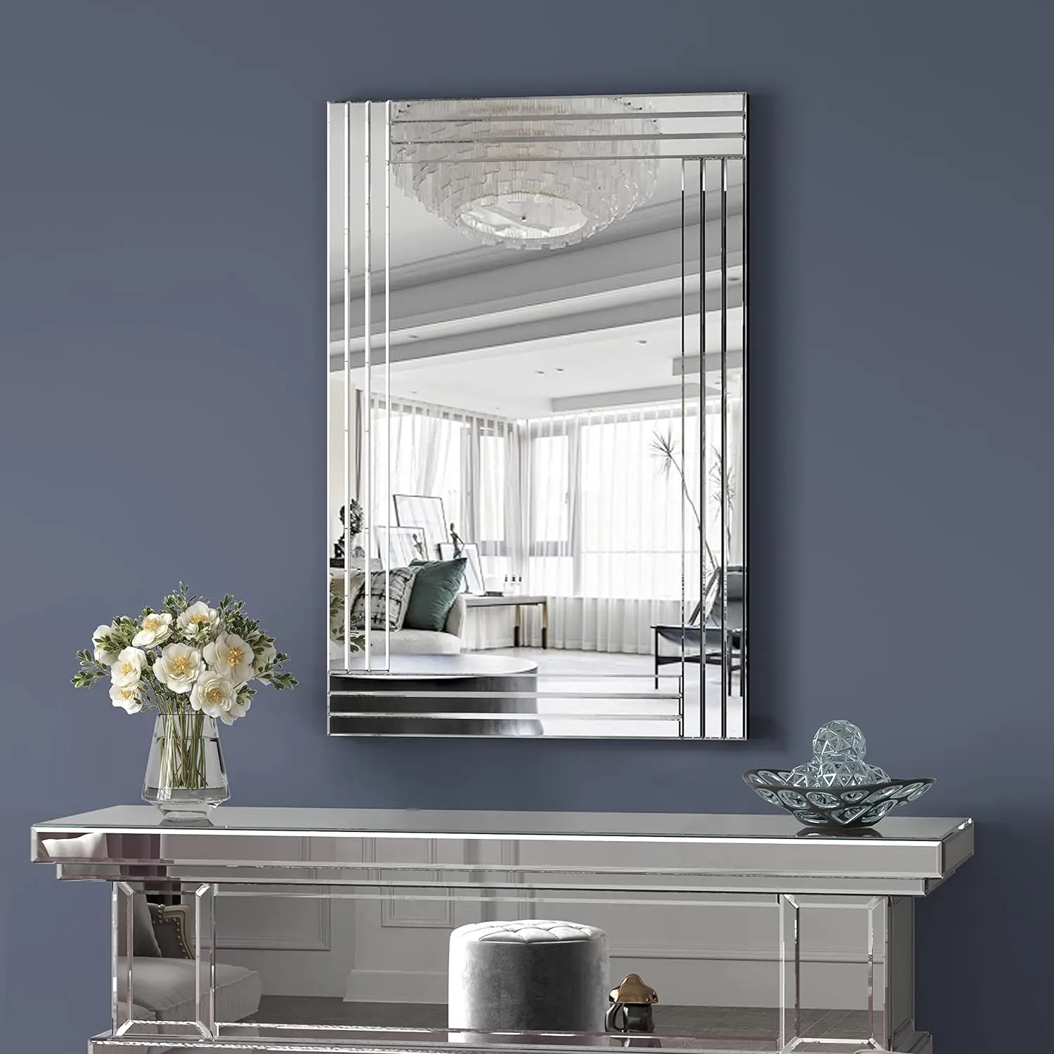 

60x80cm， Silver Rectangle Wall Mirrors, Art Mirror with Glass Frame for Living Room, Dining Room, Bedroom, Bathroom and Entryway