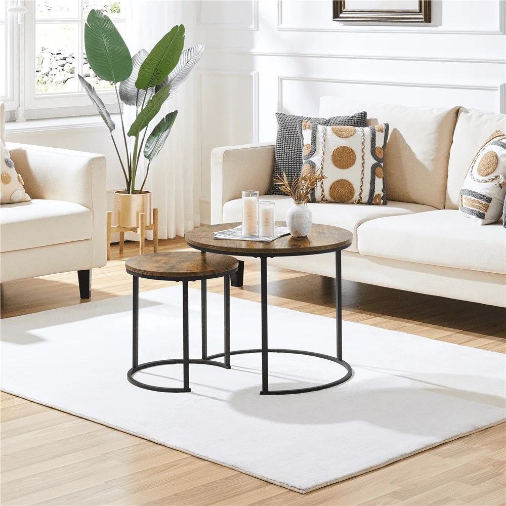 

Alden Design Nesting Coffee Table Set with Round Wooden Tabletop, Rustic Brown living room furniture side table