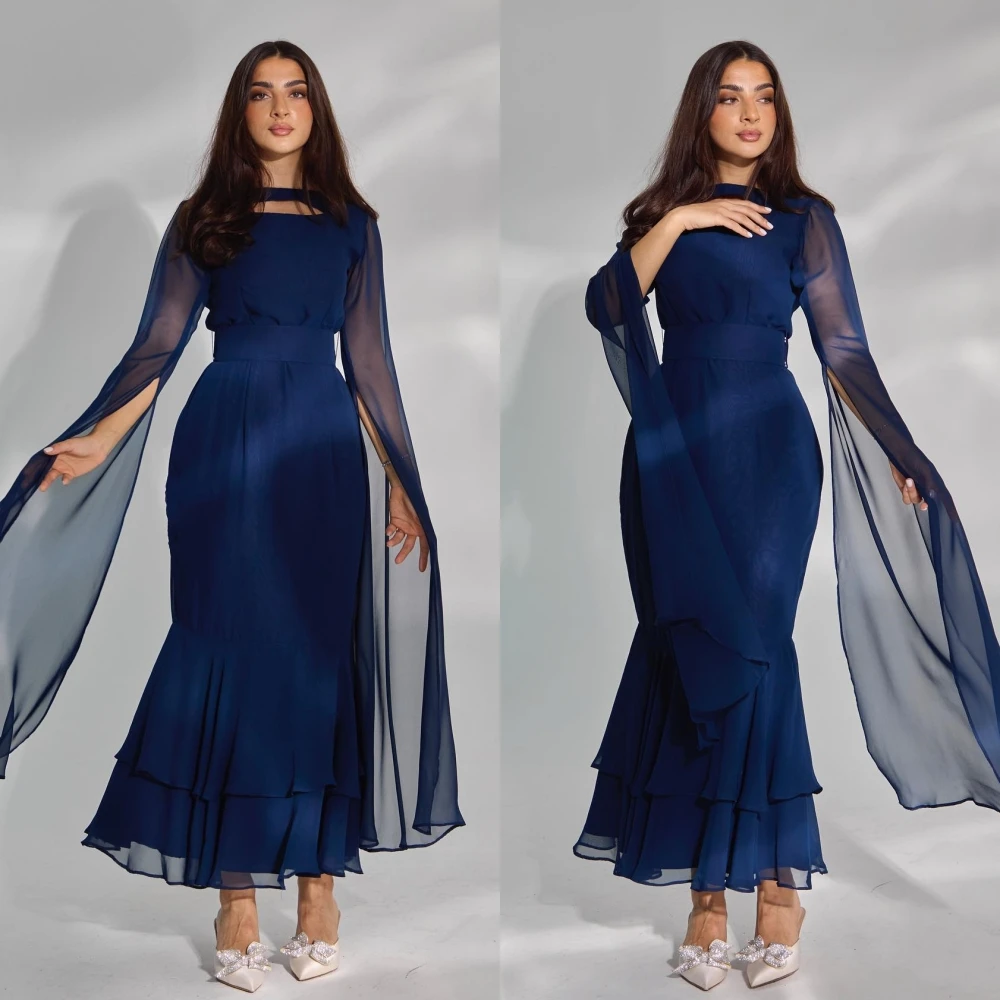 Jiayigong  Chiffon Draped Tiered Engagement A-line O-Neck Bespoke Occasion Dresses Ankle-Length