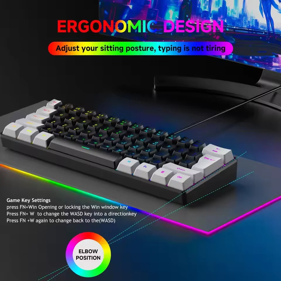 2026 새로운 휴대용 유선 미니 기계식 키보드 K61 미니 키보드 유선 61 키 팬텀 RGB, 블랙 화이트 레드 레드/블루 스위치 신제품