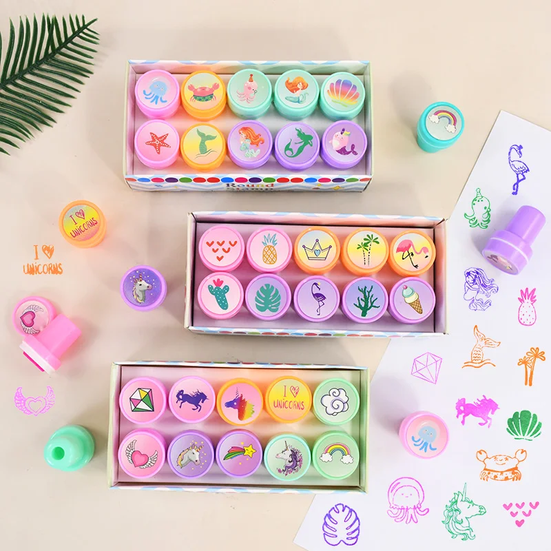10Pcs Cartoon Self-ink Stamps Unicorn Mermaid Pattern Kids Birthday Party Favors Gift Toys DIY Scrapbook Decoration Supplies