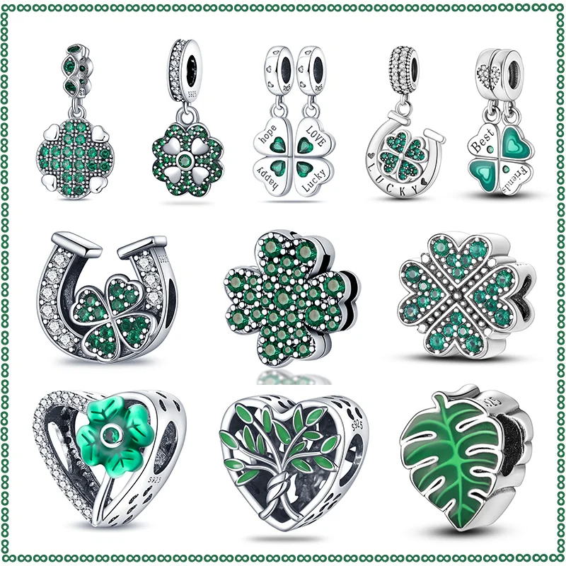 

925 sterling silver four-leaf clover green series charm beads suitable for Pandora original bracelet DIY production