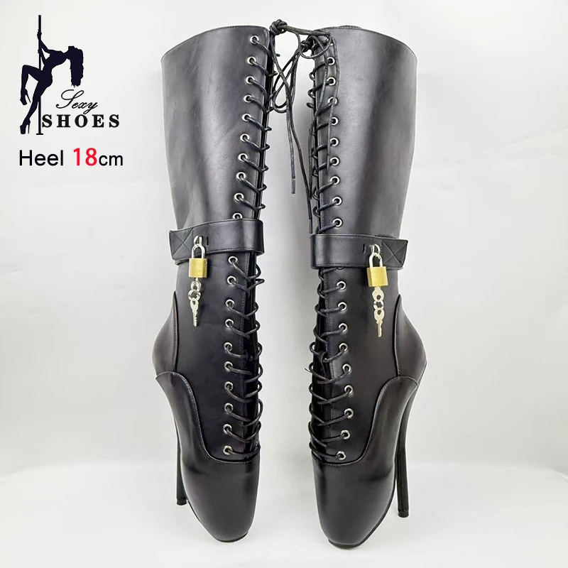 18CM Ultra high heel Matte Black Ballet Boots Women Lockable Knee High Boots Lock Wrap Strap Custom Fetish SM Large Size Shoes