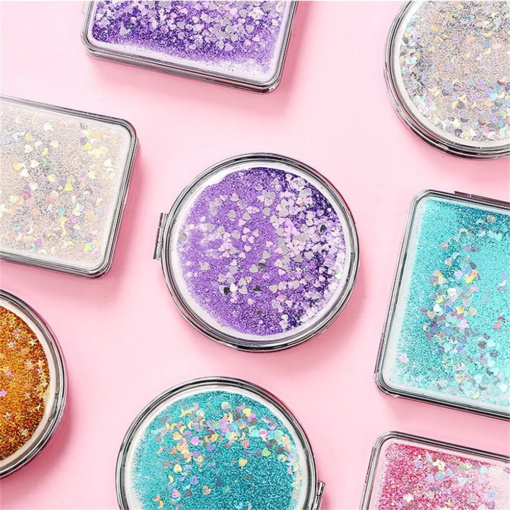 Exquisite Quicksand Makeup Mirror Magnifying Round Square Foldable Mirror Shiny Bling Compact Pocket Mirror Hairdressing Tool