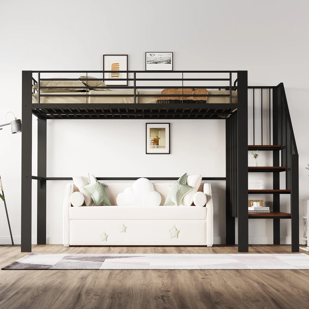 90*200cm/140*200cm Hochbett, stabile Metallkonstruktion mit geräumigem Stauraum unter dem Bett und Treppe, für Kinder und Erwachsene – Detail 15