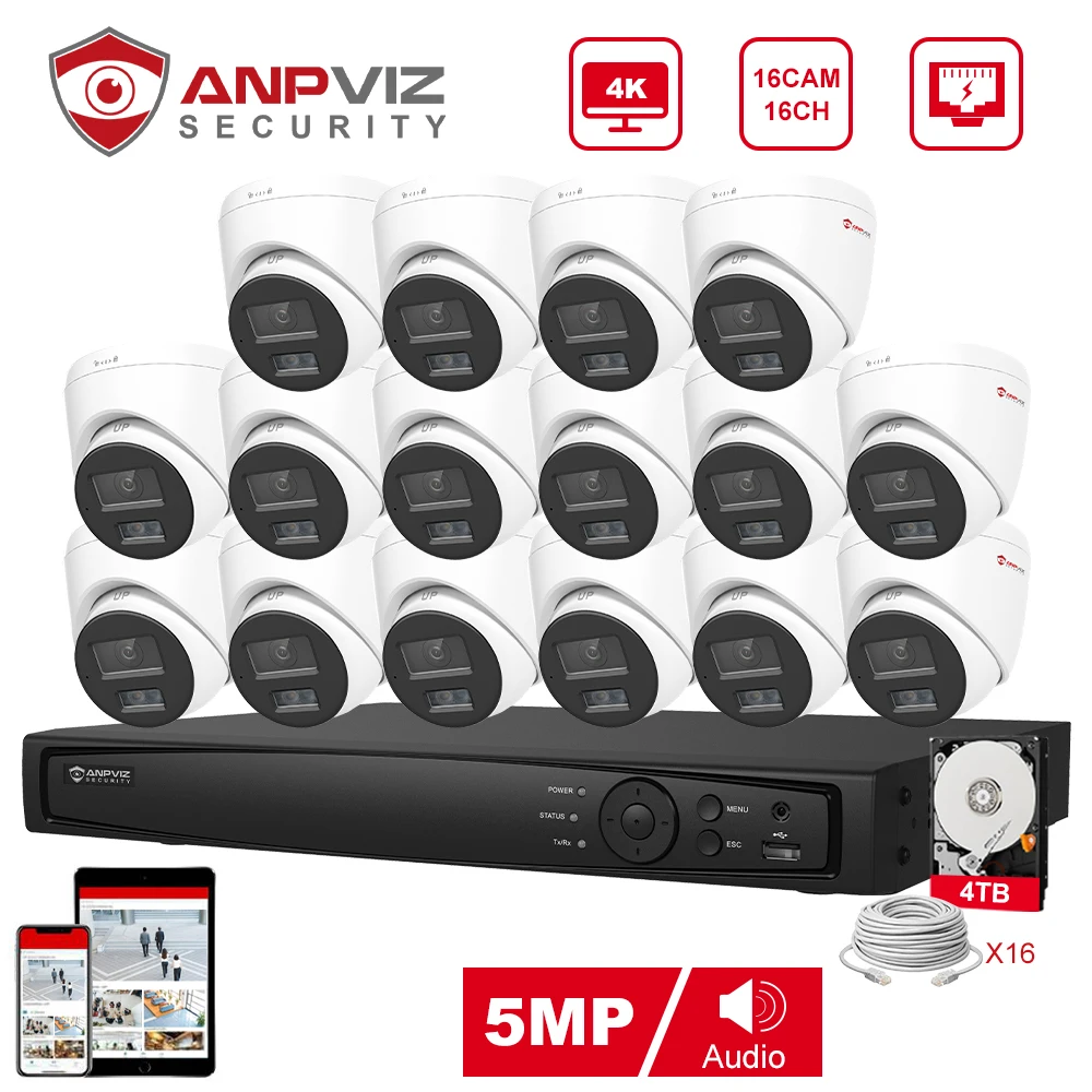 Anpviz 16CH 4K NVR 5MP POE IP Customized Camera Plug&Play System CCTV Outdoor Security Surveillance Kit Remote View H.265 IR 30m