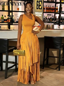 CM.YAYA Women Birthday Party Dress for 2026 Summer Slim Elegant Sleeveless Skew Collar Tassel Long Dresses Street Vintage Dress 1