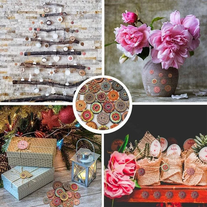 50/100 Round Assorted Floral Printed Wooden Decorative Buttons 2-Hole Floral Process Painted Wooden Cufflinks DIY Sewing Process 4