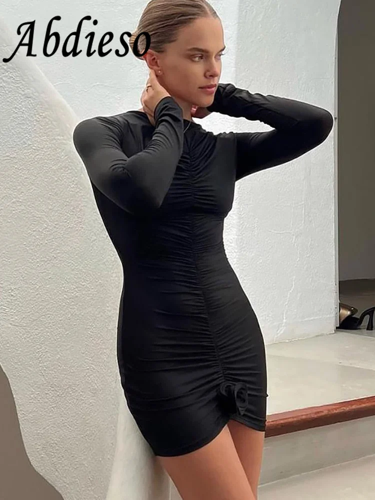 

Abdieso Pink Floral Elegant Long Sleeve Bodycon Dress Women Clothing Fashion Fall Winter O Neck Ruched Short Party Dresses 2023