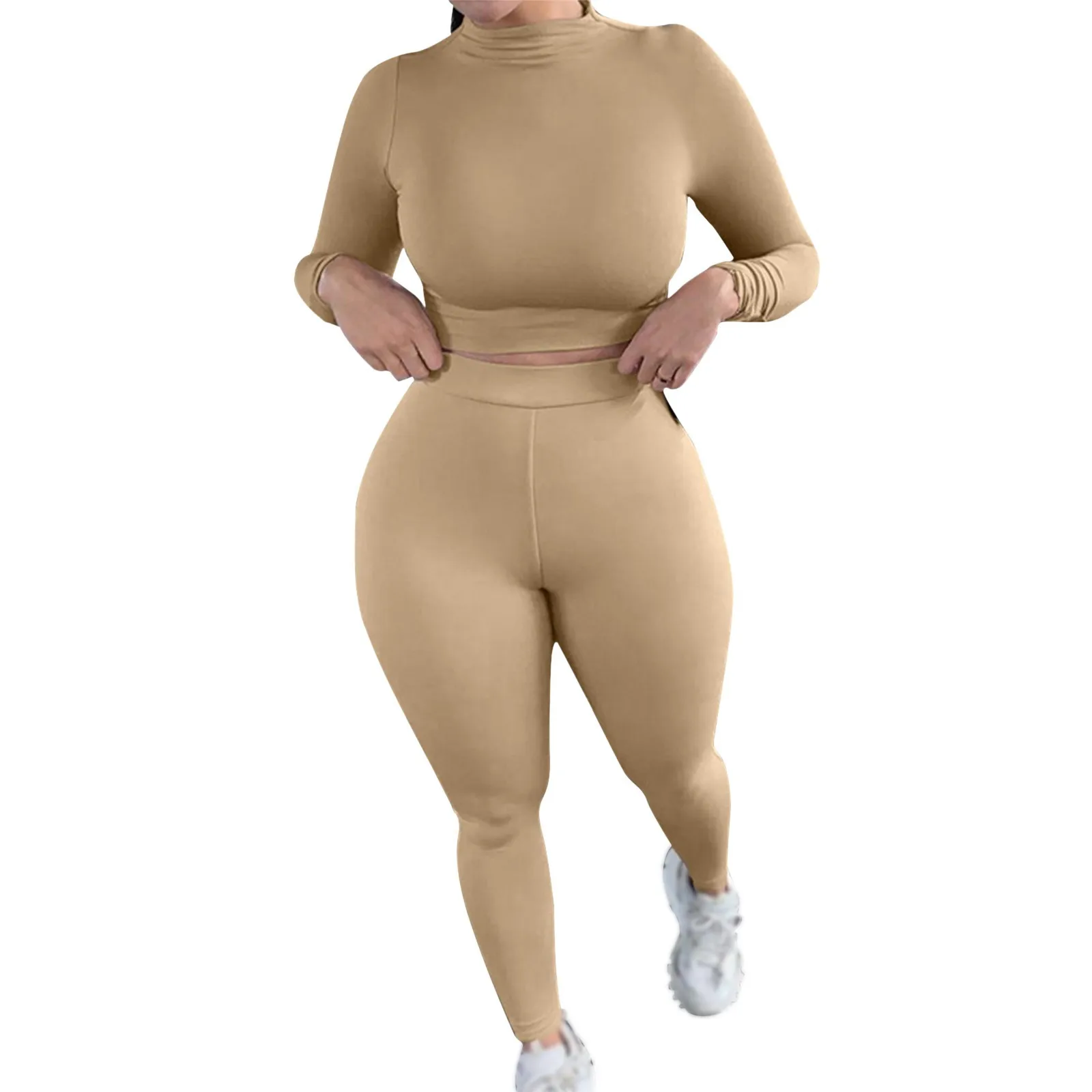 

Fashion Tracksuit Women Turtleneck Full Crop Top Matching Leggings Active Wear Set Gym Fitness Fashion Casual Yoga Set
