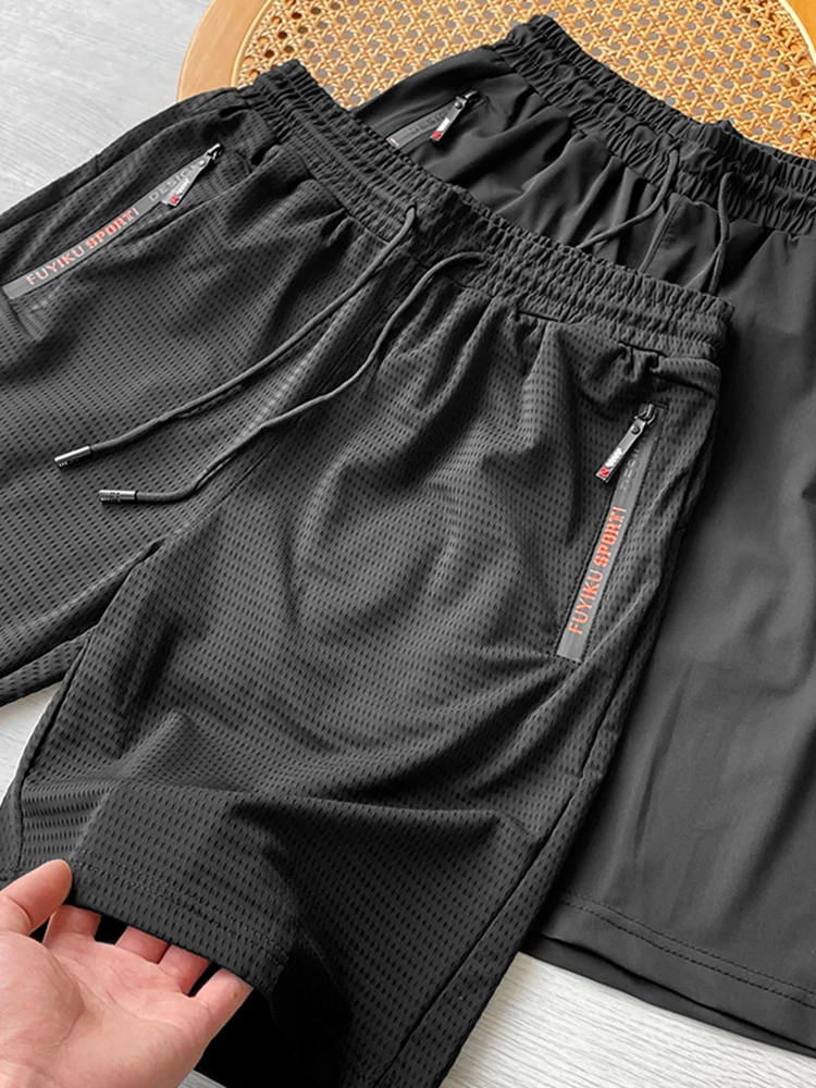 Summer Men's Shorts Breathable Mesh Stretch Ice Silk Gym Running Sports Loose Casual Shorts With Zip Pockets Big Size 8XL 9XL 2