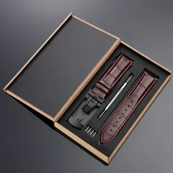 Vintage Leather Watch Band with Wooden Box and Butterfly Clasp - 22mm (Brown - Black)