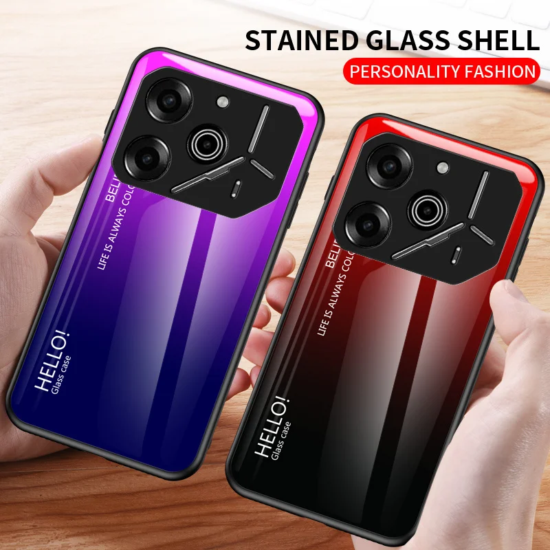 Gradient Grain Tempered Glass Hard Back Phone Case with Silicone Bumper