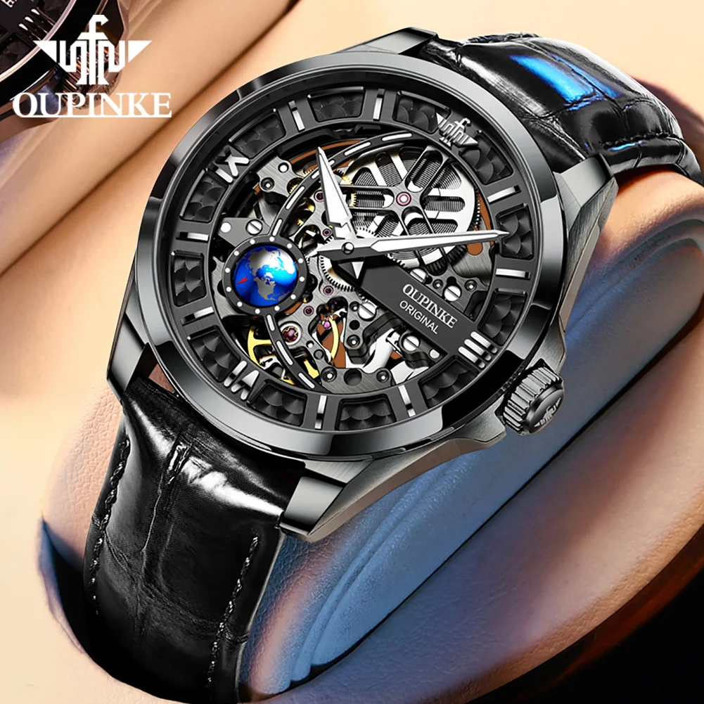 

OUPINKE Men's Watches Top Brand Luxury Automatic Mechanical Watch for Man 3D Vision Rotationg Second Dial Wristwatch Sapphire