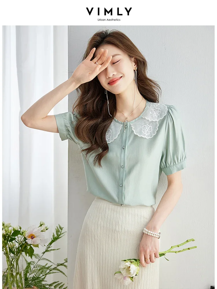 Vimly Vintage Puff Sleeve Shirt for Women 2023 Summer Mint Green Button Down Shirts & Blouses Chic and Elegant Short Sleeve Tops vimly summer 2023 floral print women s shirts french chic chiffon shirts