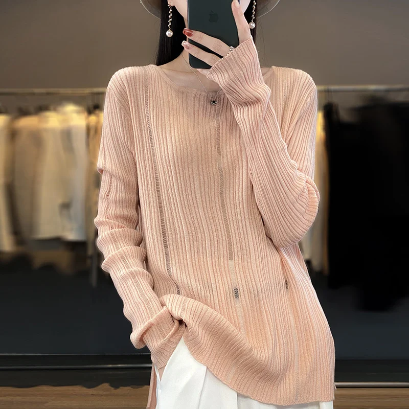 

2023 New Style Fashion Slash Neck Hollow Out Women Sweater Merino Wool Blend Autumn Spring Soft Knitted Pullover Female Jumper