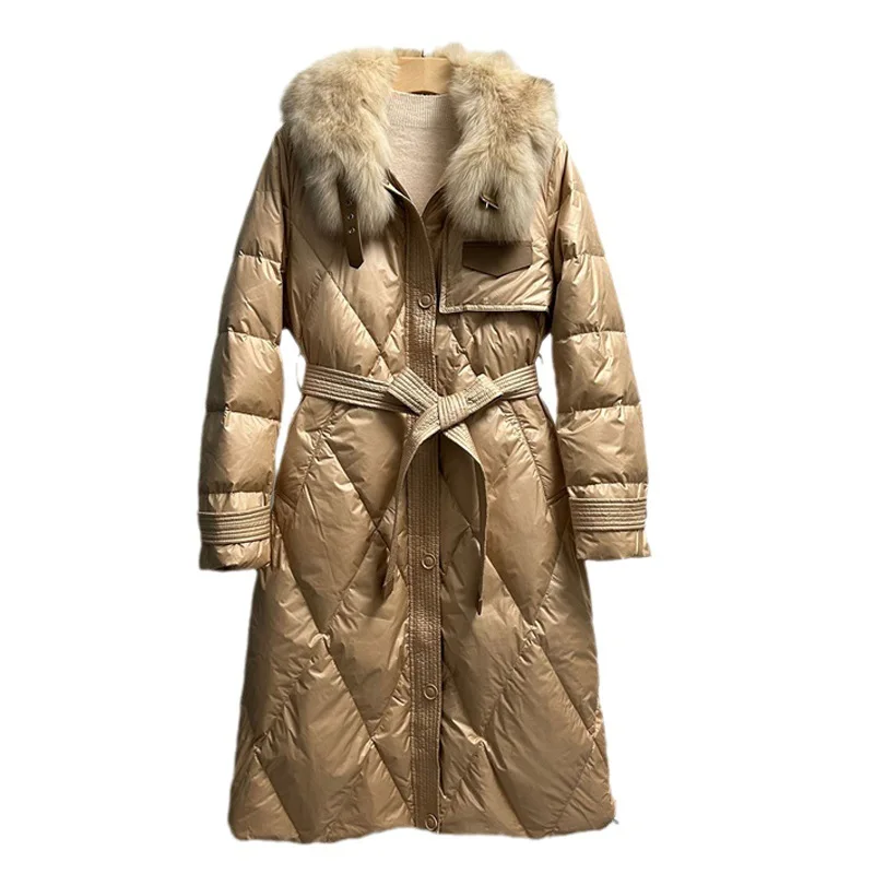 Down Jacket with White Duck Down Filling Long Sleeved Jacket Winter New Long Style Thickened Fox Fur Collar Jacket